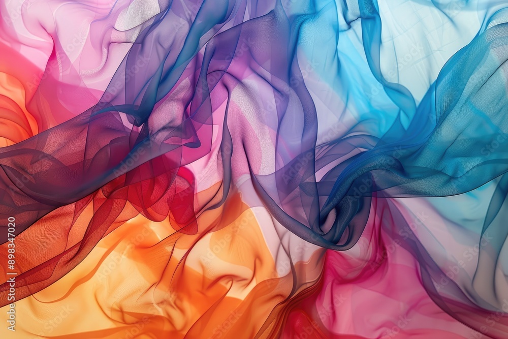 Poster layers of translucent color creating a sense of depth, colorful fabric with rainbow pattern, perfect