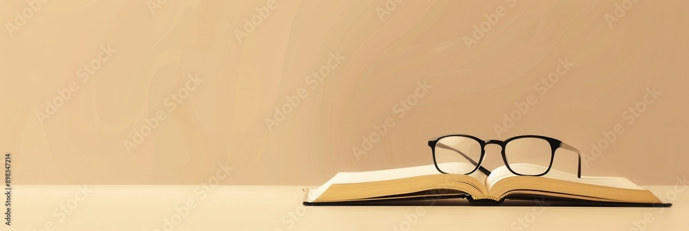 Fototapete an open book with eyeglasses on top of it sits on a light brown table against a tan wall. generative