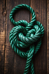Obraz premium knot on a green rope on wooden background