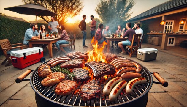 A vibrant outdoor braai scene in South Africa, featuring a grill loaded with a variety of meats including sausages, steaks, and chicken, all sizzling over open flames. 
