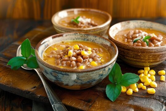 An appetizing shot of samp and beans, a comforting dish of crushed corn kernels and beans, simmered together and seasoned with a hint of butter and salt, served in a rustic bowl.