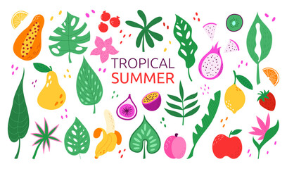 Icon leaves, exotic fruits. Tropical pear, apple and banana. Texture design food. Beach summer banner. Tree cartoon sticker doodle. Lemon and strawberry. Vector background garish nature floral set