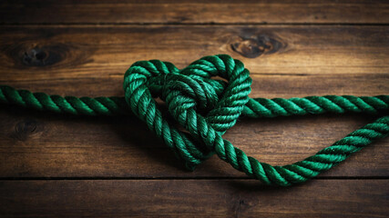 Obraz premium Heart-Shaped Knot Made of dark green Rope on a Wooden Background, Featuring Intricate Weaving Patterns and Symbolizing Love and Passion