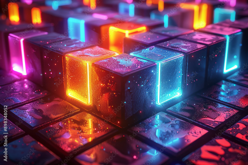 Poster clean and modern depiction of a neon geometric pattern in retro style, creating a captivating visual