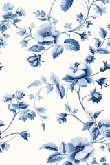 Vintage Floral Toile de Jouy Pattern on White Background with Intricate Botanical