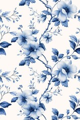 Vintage Dark Floral Toile de Jouy Pattern on White Background