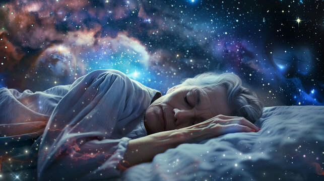 Older woman experiencing altered state of mind. Sleeping amidst a vivid cosmic dreamscape.