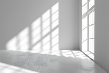Fototapeta premium An empty room with minimalist design, cracked concrete floor, and sunlight streaming through large windows creating beautiful shadows, Perfect for backgrounds, real estate, interior design