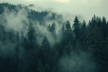 A dense forest shrouded in mist, with tall trees and green foliage. The scene is set against the backdrop of mountains or hills, creating an ethereal atmosphere