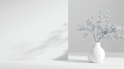 Fototapeta premium A white vase with delicate frosted branches against a white background creates a minimalist and calming scene, ideal for use in interior design, home decor, or wellness content,
