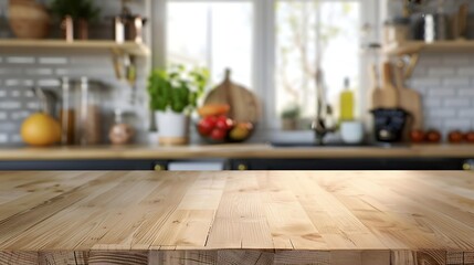A rustic wooden kitchen countertop with a blurred background of a modern, well-organized kitchen featuring fresh produce and cooking utensils, ideal for culinary websites, recipe blogs