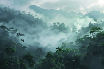 A dense forest shrouded in mist, with tall trees and green foliage. The scene is set against the backdrop of mountains or hills, creating an ethereal atmosphere