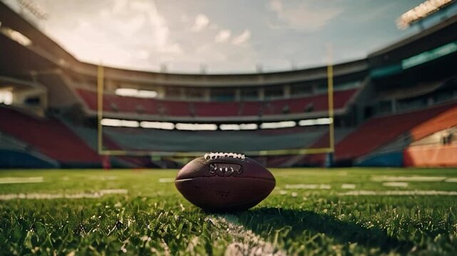 Football on the Field at a Stadium with Goalposts in the Background