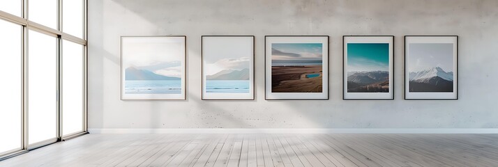 A modern art gallery room with five framed landscape photographs on a white wall, adjacent to large floor-to-ceiling windows, Great for promoting interior design, art exhibitions