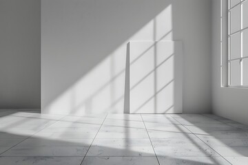 A sunlit minimalist room with a blank canvas leaning against a wall, with shadows from a large window casting geometric patterns across the floor