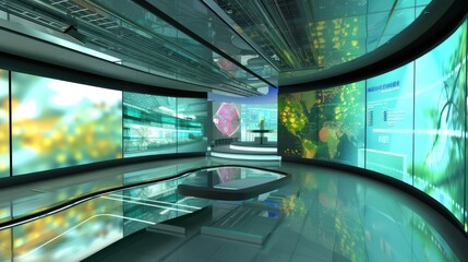 digital conference room for virtual trade shows, where companies display their products on screens with interactive features for visitors