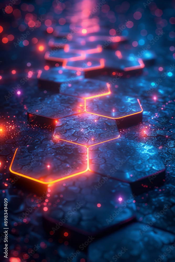 Aufkleber futuristic design showcasing a hexagonal pattern with intense neon pink and yellow light effects,