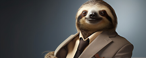 A Well-Dressed Sloth Posing Elegantly Against a Gradient Background in a Studio Setting