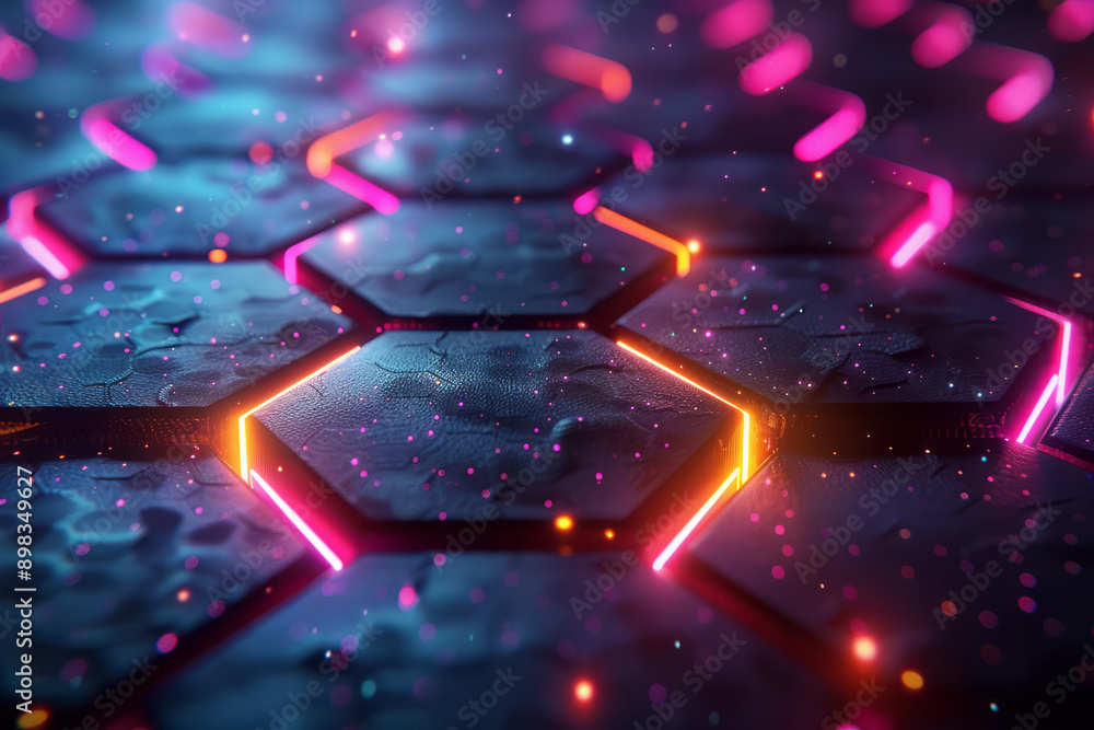 Poster clean and striking image of a glowing hexagonal pattern with bright neon pink and yellow lights,