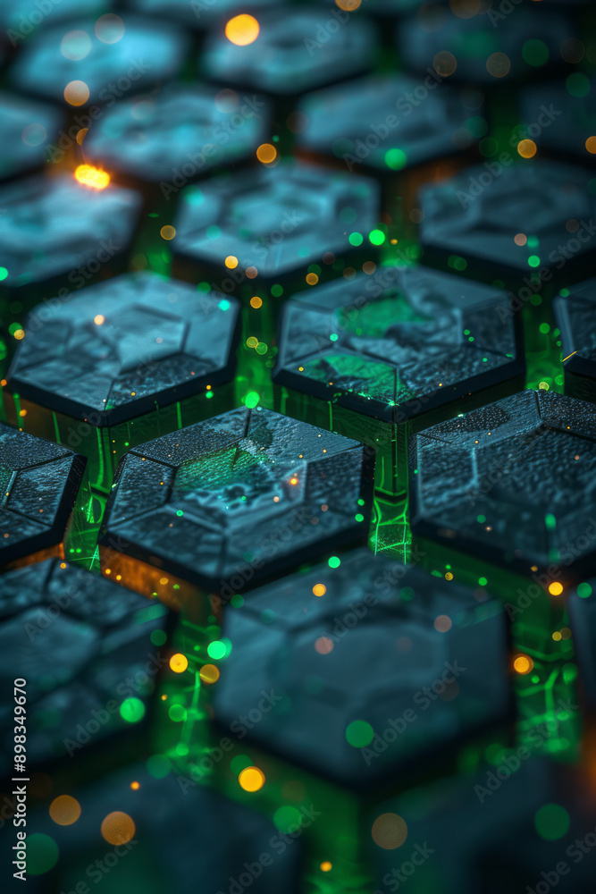 Poster neon green and yellow lights creating a glowing hexagonal pattern with a futuristic feel,