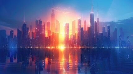 Obraz premium A vibrant blue neon cityscape in dusk with glowing city view