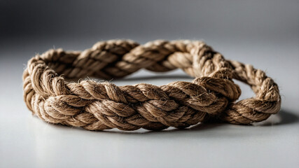 Obraz premium Knot Made of Beige Rope on a White Background Highlighting the Detailed Weaving and Texture, Ideal for Projects Related to Love, Unity, Crafts, and Nautical Themes