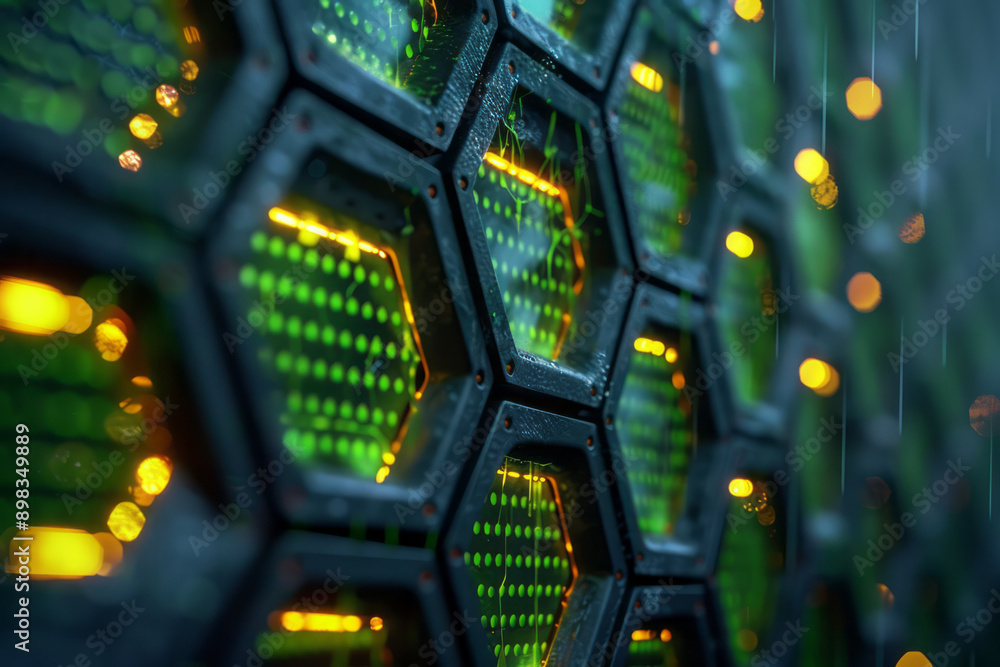 Poster elegant and minimalistic hexagonal grid with glowing neon green and yellow illumination,