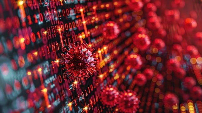 Red Virus icon alert visual abstract of a computer screen blurred background