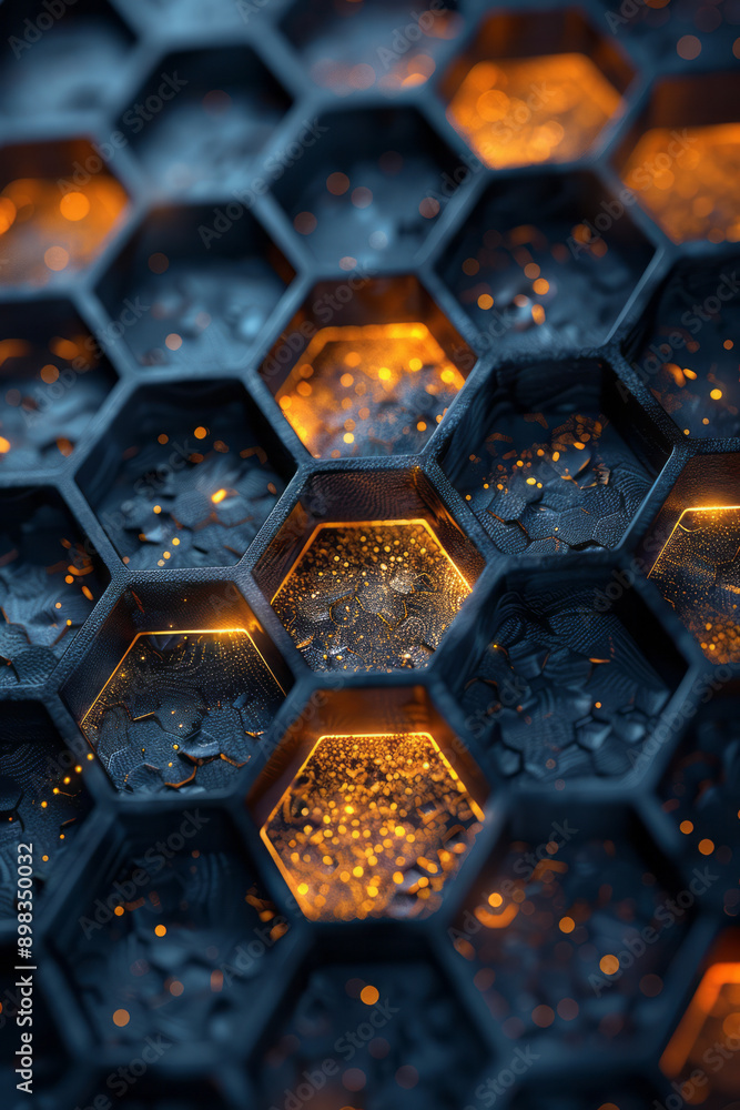 Poster futuristic abstract hexagonal pattern with golden highlights and sparkling illumination effects,