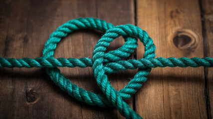 Fototapeta premium Heart-Shaped Knot Made of teal Rope on a Wooden Background, Featuring Intricate Weaving Patterns and Symbolizing Love and Passion