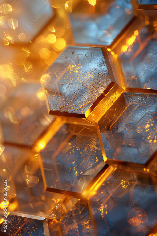 Poster modern and elegant hexagonal pattern illuminated by golden accents and shimmering, sparkling lights,