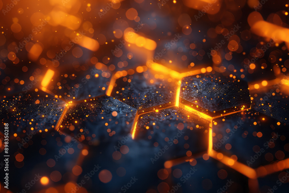Poster clean depiction of an abstract hexagonal pattern with radiant golden accents and twinkling lights,