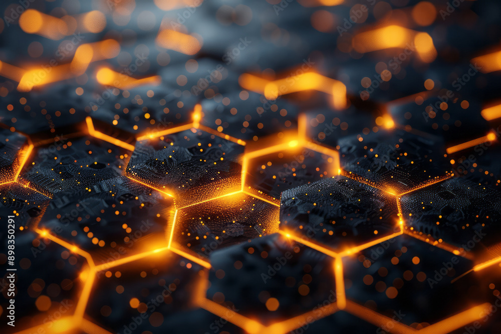 Poster clean depiction of an abstract hexagonal pattern with radiant golden accents and twinkling lights,