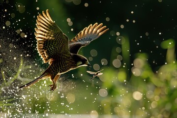 A dynamic shot of a Eurasian hobby catching a dragonfly in mid-air. 