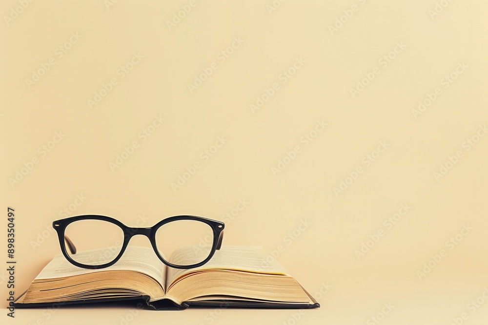 Aufkleber A close-up of an open book with glasses resting on the top. The book and glasses are on a light beige background. Generative AI