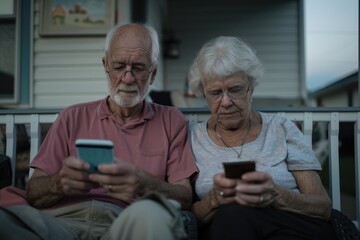 An elderly couple sits on a porch bench using their smartphones. Dressed casually and appearing calm, they represent how technology bridges age gaps, framed by a cozy home.