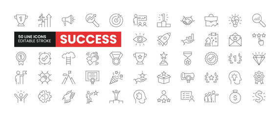 Set of 50 Success line icons set. Success outline icons with editable stroke collection. Includes Trophy, Growth, Teamwork, Mentorship, Awards, and More.