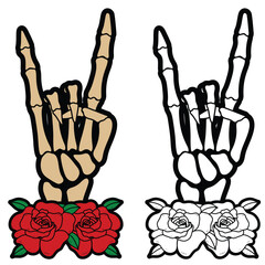 Rock on skull hand with red roses  illustration. Metal, rock on gesture vector