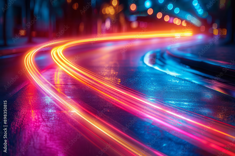 Poster abstract representation of dynamic neon light trails with vivid colors on a dark, minimalistic backg