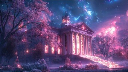 Majestic Courthouse with Iridescent Columns and Glowing Steps in a Luminous Landscape