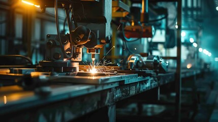 An automated laser machine is cutting metal in a factory.