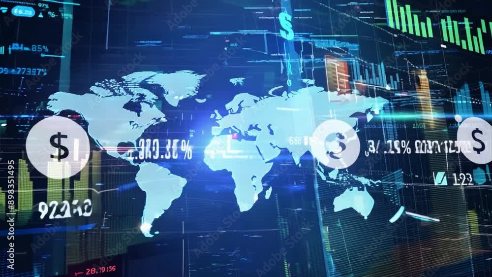 Poster a world map with code and charts overlayed, representing global technology and data connectivity