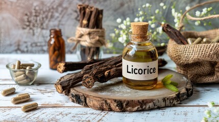Licorine capsules and suplements on the table. Selective focus.