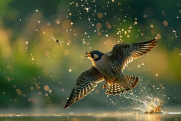 A dynamic shot of a Eurasian hobby catching a dragonfly in mid-air. 