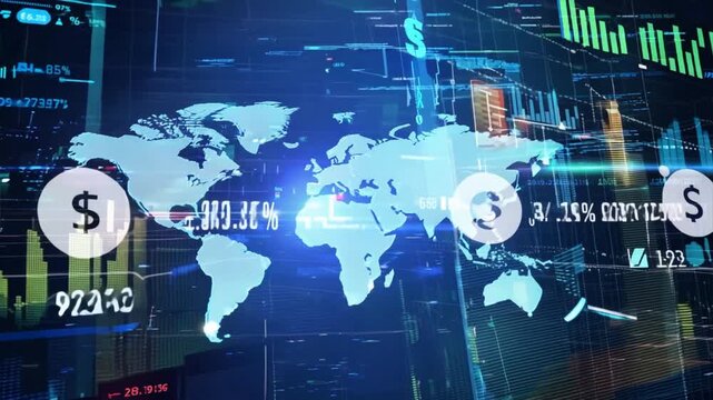 A world map with code and charts overlayed, representing global technology and data connectivity