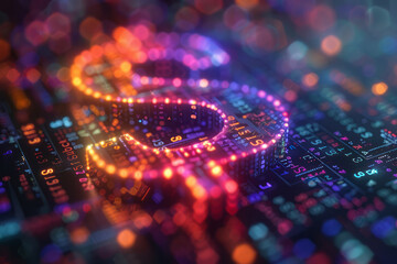 Abstract design featuring a currency exchange symbol with a neon gradient blend from green to violet,