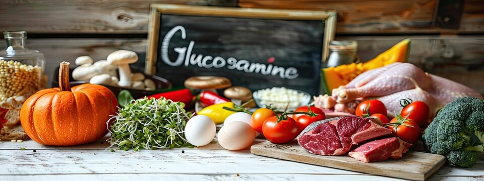 Products contain glucosamine on the table. Selective focus.