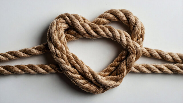 Intricate Heart-Shaped Knot Made of Beige Rope with Red Accents on a White Background, Showcasing Craftsmanship and Symbolizing Love and Unity