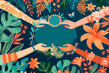 
friendship day theme international themed powerpoint presentation template, flat design with simple shapes and minimalism, hands held together in the style of necklace, text says "international"