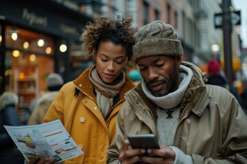 Fototapeta premium A couple dressed warmly in jackets and scarves are seen in a bustling street, using a physical map and smartphone to navigate, blending traditional and modern travel approaches.